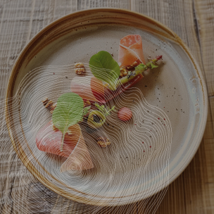 Une assiette en grès contient du jambon de Parme, des tranches de melon, des noix, des pousses et des olives. Des motifs abstraits en forme de cernes d'arbre sont dessinés sur l'assiette.