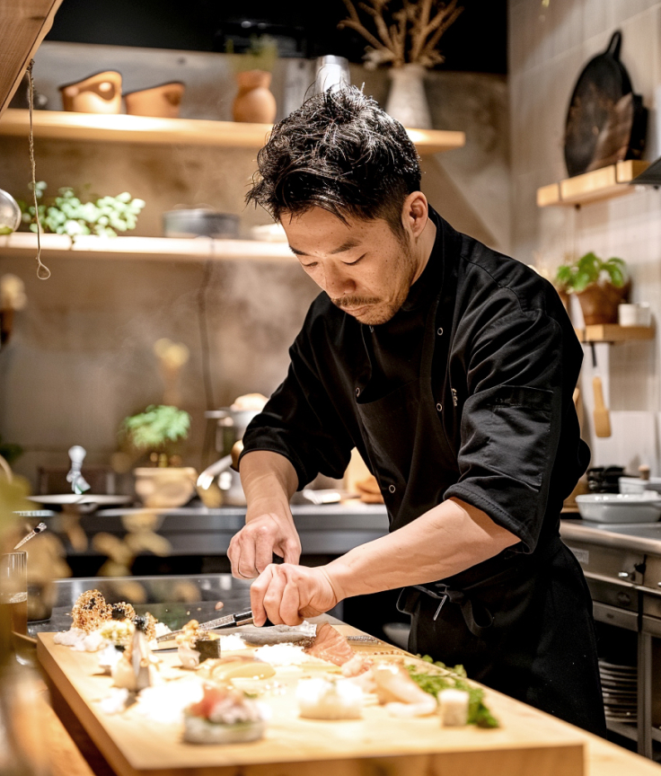 Chef japonais concentré travaillant dans une cuisine moderne. Il porte un uniforme noir et prépare méticuleusement des sushis sur un plateau. en bois, sous un éclairage doux. L'arrière-plan montre une cuisine bien équipée avec des éléments en bois et des plantes décoratives.