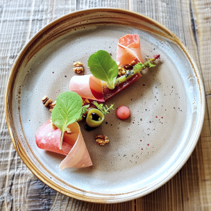 Assiette artistique de sashimi avec des tranches de poisson cru, des olives, des noix et des pousses sur une assiette en céramique texturée. Le plat est garni de petites touches de sauce et de légumes verts, offrant une présentation élégante et colorée.