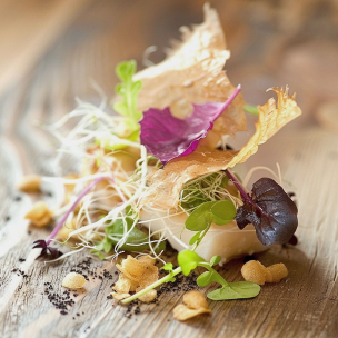 Plat sophistiqué de sashimi agrémenté de feuilles de salade, de pétales comestibles et de micro-pousses, sur un lit de croûtons et de noisettes. Le plat combine textures et saveurs, présenté sur une planche en bois rustique.
