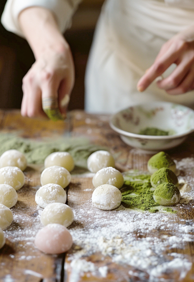 Mains de chef en train de préparer des mochis, saupoudrant de la poudre de matcha sur des boules de riz gluant colorées, disposées méthodiquement sur une table en bois recouverte de farine."