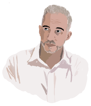 Illustration d'un homme mûr de 50 ans aux cheveux poivre et sel, courts et légèrement en désordre. Il porte une chemise blanche, le regard pensif avec une barbe de quelques jours, suggérant une position de responsabilité et une expérience en gestion de projet.