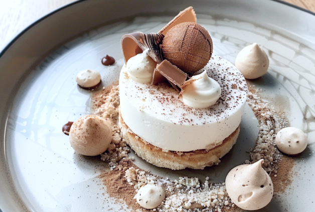 Dessert raffiné composé d'une mousse blanche sur un biscuit, garni de crème fouettée, de copeaux de chocolat, et d'une sphère chocolatée sur le dessus, le tout saupoudré de poudre de cacao et présenté sur une assiette céramique grise.
