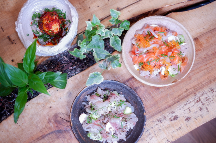 Trois bols de chirashi présentant un assortiment de sashimi et condiments colorés, servis sur une table en bois rustique avec des décorations de plantes vertes, offrant une variété de saveurs traditionnelles japonaises.