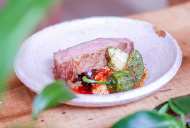 Plat de viande joliment présenté avec des tranches de viande grillée, des légumes verts et des condiments épicés dans une assiette en céramique, posée sur une planche en bois entourée de verdure, évoquant une fusion de saveurs robustes.