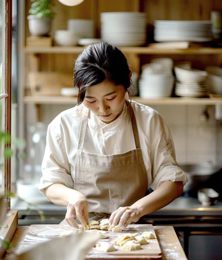 patissière asiatique en tenue de cuisine blanche concentrée sur la préparation de dumplings dans une cuisine lumineuse et bien équipée, avec des étagères remplies de vaisselle blanche, soulignant un environnement de travail propre et organisé."