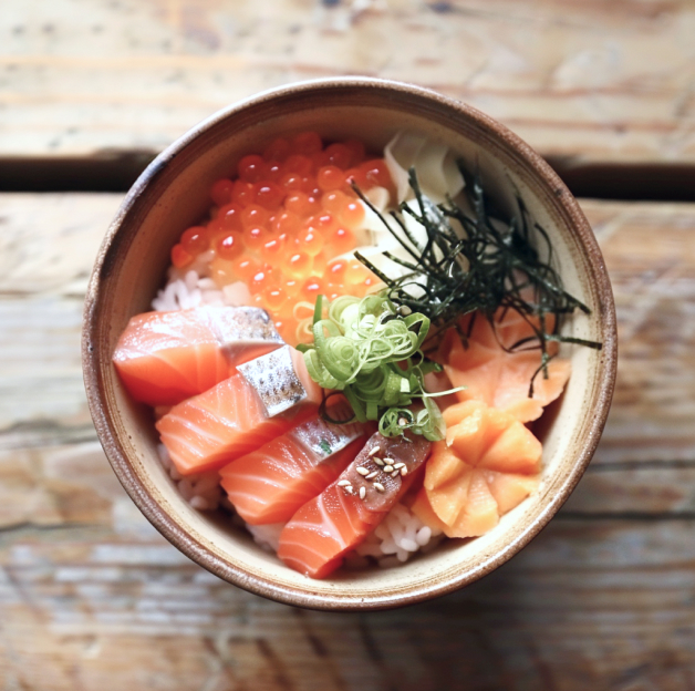 Bol traditionnel de chirashi garni de sashimi de saumon, thon, et autres poissons, accompagné de riz, œufs de poisson, algues, et oignons verts, offrant une variété de textures et de couleurs vives.