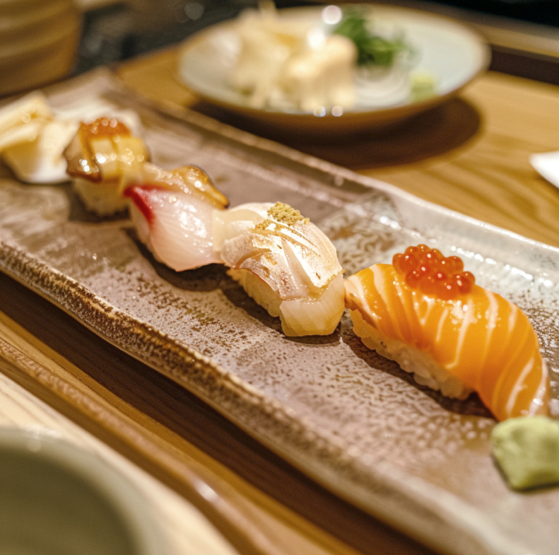 Plateau de sushi varié incluant du saumon, des sushis nigiri avec différentes garnitures et du wasabi à côté, présenté sur une assiette en céramique texturée, mettant en avant la fraîcheur et la qualité des ingrédients.