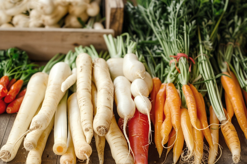Étalage coloré de légumes racines comme des carottes de différentes couleurs, des panais, et des oignons nouveaux, tous disposés sur un marché ou une table en bois, évoquant la fraîcheur et l'abondance des produits de saison.