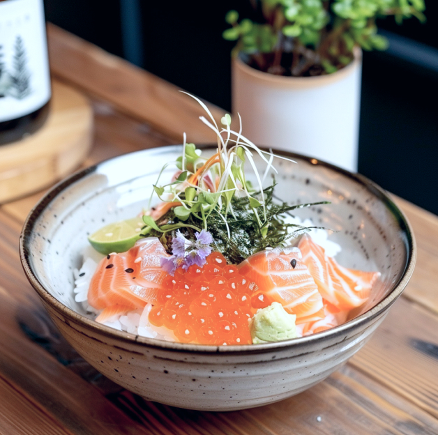 Bol de chirashi artistiquement arrangé avec du sashimi de saumon, des œufs de saumon, et des garnitures de verdure sur un lit de riz, accompagné de tranches de citron vert et décoré de fleurs comestibles, présenté dans un bol en céramique sur une table en bois près d'une plante verte.