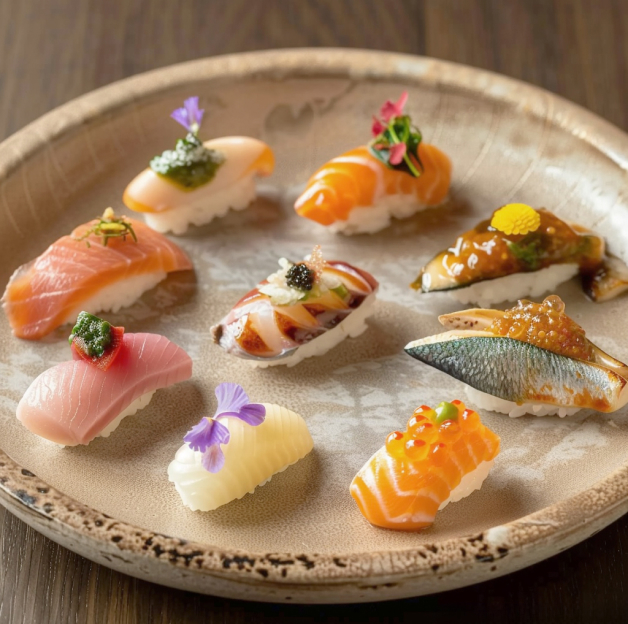 Plateau varié de sushis nigiri ornés de fleurs comestibles et de garnitures colorées comme du caviar et des herbes, présentés sur une assiette en céramique texturée qui souligne la présentation exquise et les détails délicats des sushis.