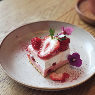 Dessert aux fraises composé de couches de gâteau et de crème, garni de fraises fraîches et de fleurs comestibles, sur une assiette en céramique, offrant une touche de douceur et de sophistication.