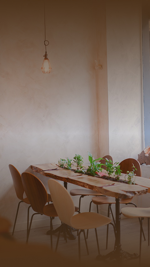 Intérieur chaleureux du restaurant Lacigne avec tables en bois et décoration végétale épurée.