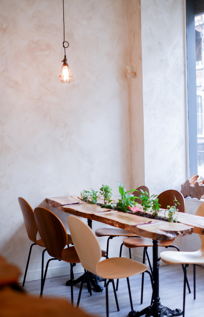 Une table en bois naturel avec une jardinière intégrée au centre, contenant des plantes vertes, est entourée de chaises dépareillées dans un restaurant. L'éclairage tamisé provient d'une lampe suspendue au-dessus de la table. Une grande fenêtre laisse entrer la lumière du jour.